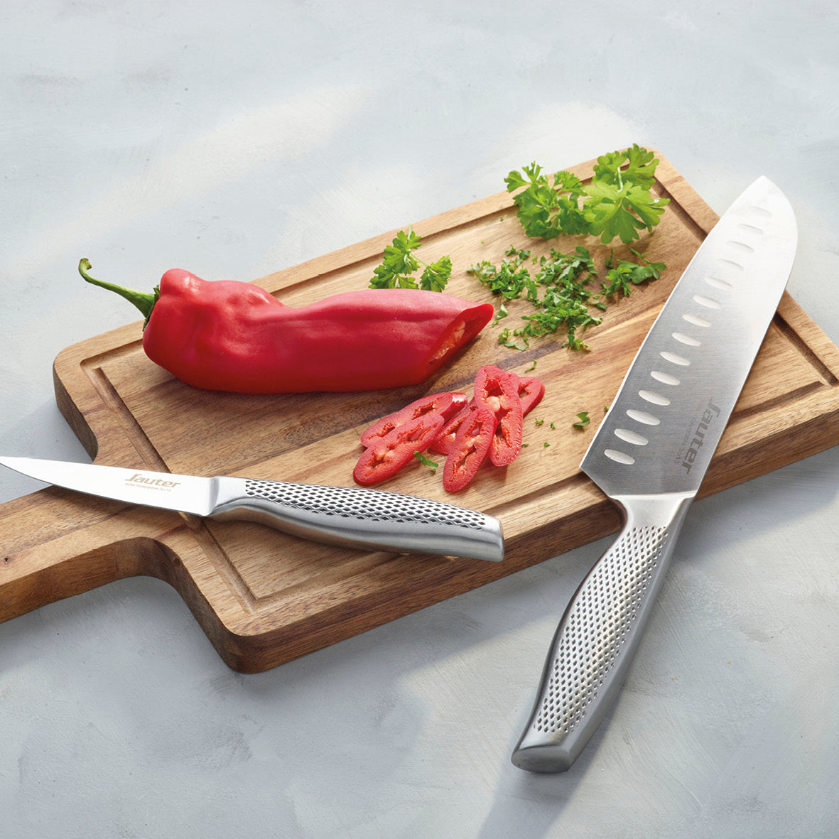 Set of 6 knives silver: chef's knife + bread knife + slicing knife + Santoku knife + utility knife + paring knife - Silver
