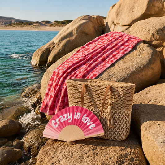 Set beach towel + beach bag + fan - Roséa Pink / Burgundy / Camel
