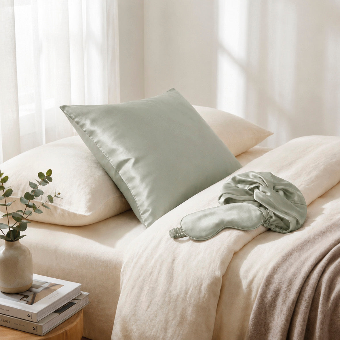 Pillowcase + nightcap silk - Lunéia Sage green