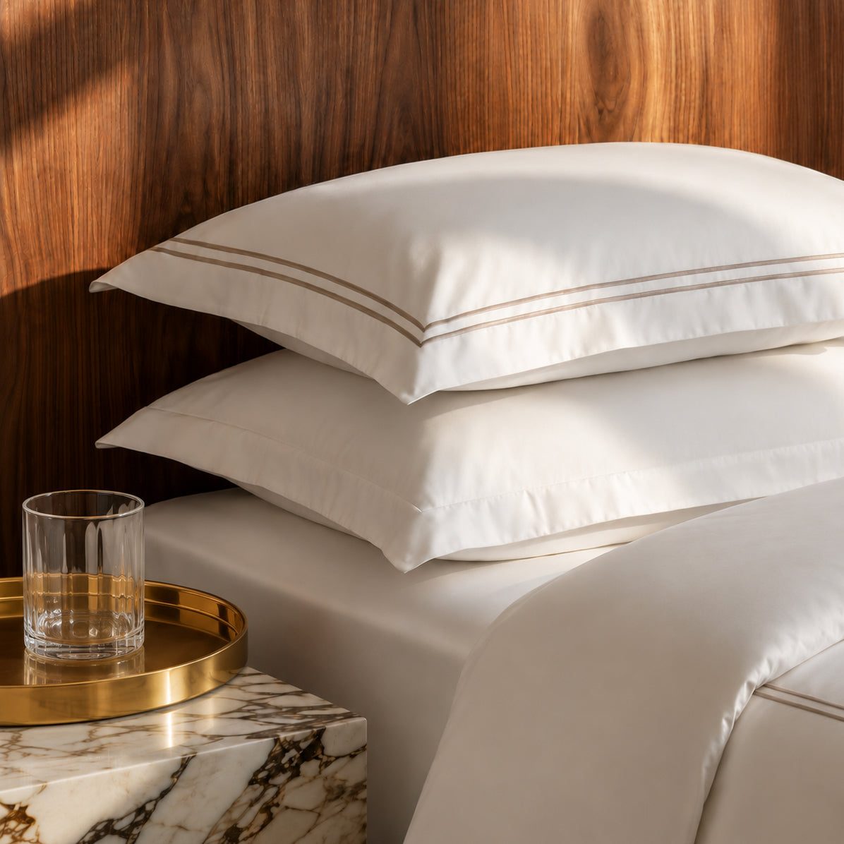 2 pillowcases - 100% cotton sateen TC200 - Nîmes - taupe / white