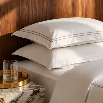 2 pillowcases - 100% cotton sateen TC200 - Nîmes - taupe / white
