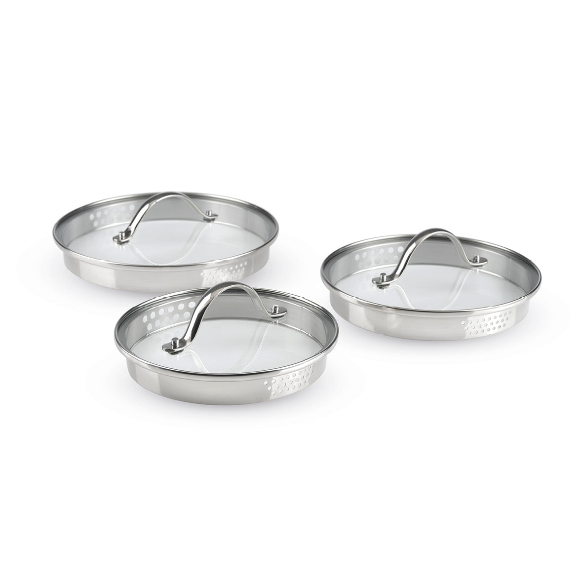 Set of 3 stainless steel sauce pans with removable handle + 3 pouring lids with stainless steel knob - Silver
