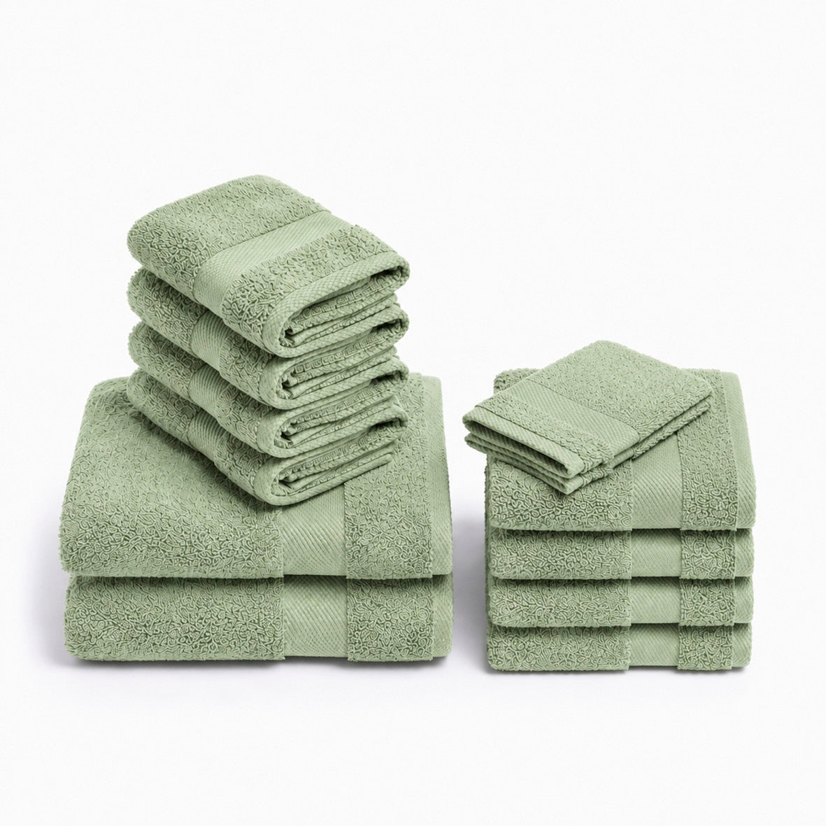 Complete bath linen set combed cotton - Sérénité - 12 pieces Almond green