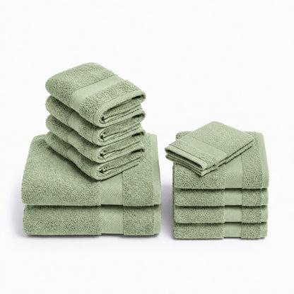 Complete bath linen set combed cotton - Sérénité - 12 pieces Almond green