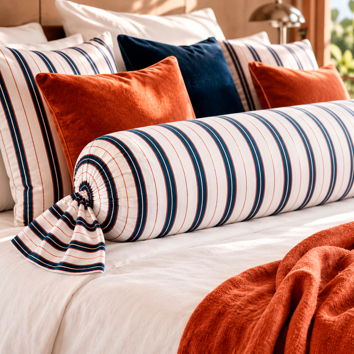 Pillowcase cotton satin - Marin carmin White / Blue