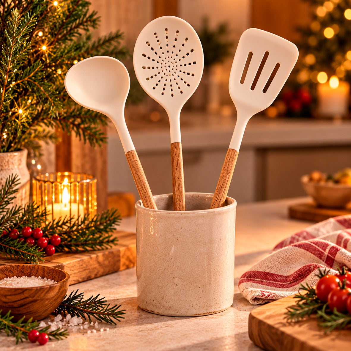 3-piece acacia wood kitchen utensil set - White