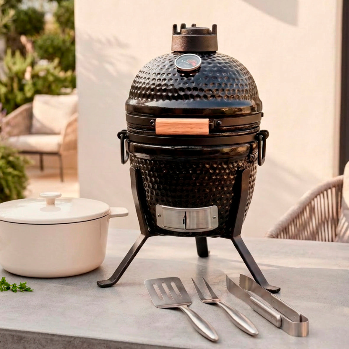 Mini kamado ceramic barbecue smoker - Black