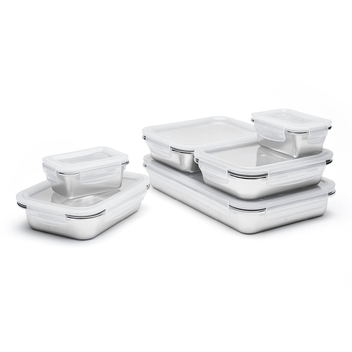 Set of 6 stainless steel containers with lid - silver