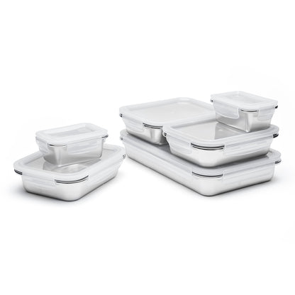 Set of 6 stainless steel containers with lid - silver