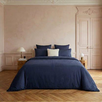 Duvet cover + pillowcase(s) cotton satin dobby stripe woven - Dark blue 240 x 240 cm + 2 x (50 x 70 cm)