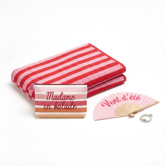 Set beach towel + pouch + fan - Gaja Pink / Burgundy