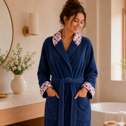 Hooded bathrobe cotton velvet - Capucine Blue Navy blue