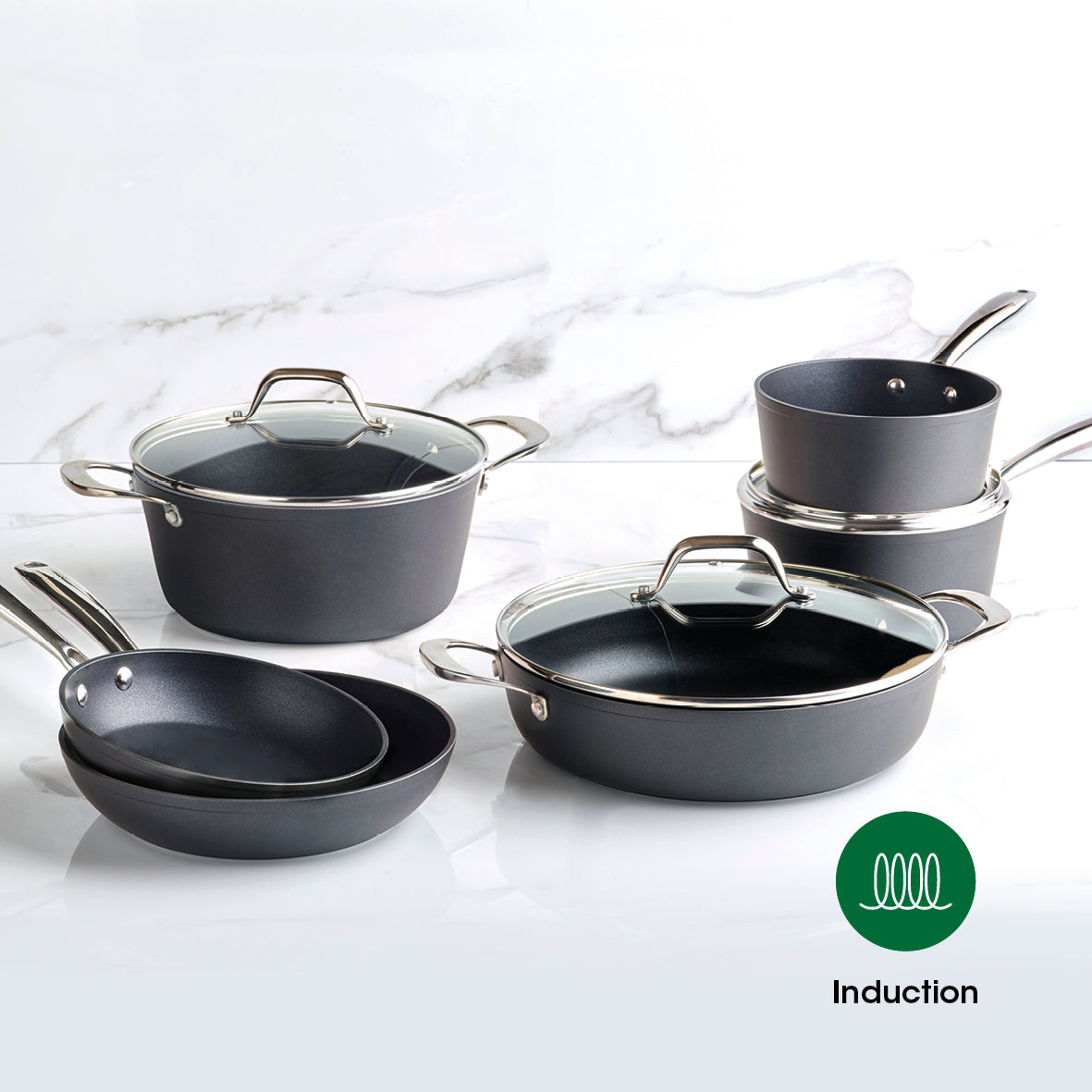 Set of 2 frypans + saucepan + saucepan with lid + skillet with lid + casserole with lid - Black
