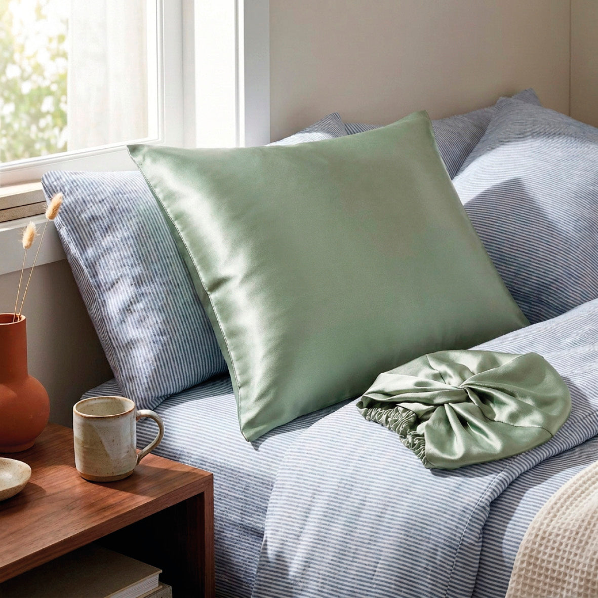 Pillowcase + nightcap silk - Nuit de soie Sage green