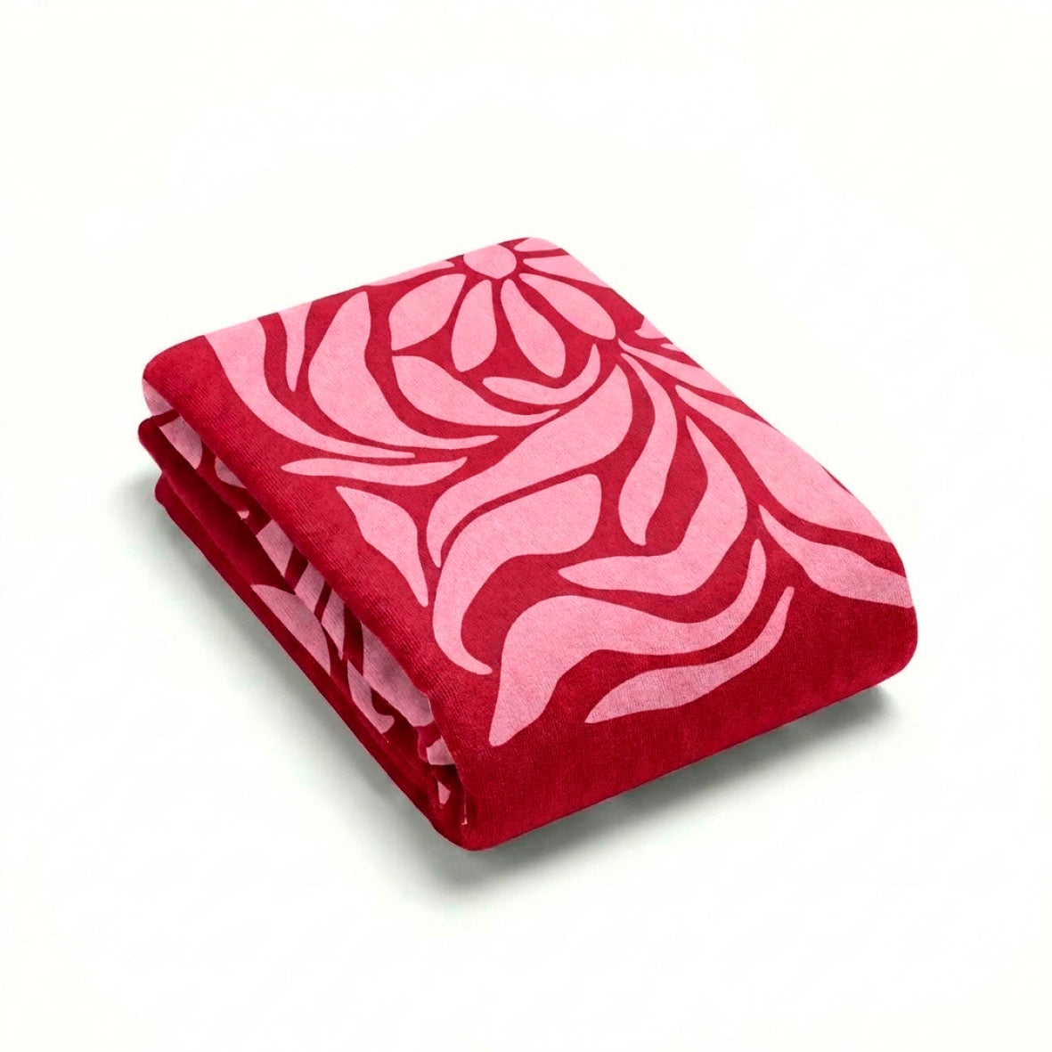 Beach towel cotton velvet - Flora motion Pink / Burgundy - 90 x 180 cm