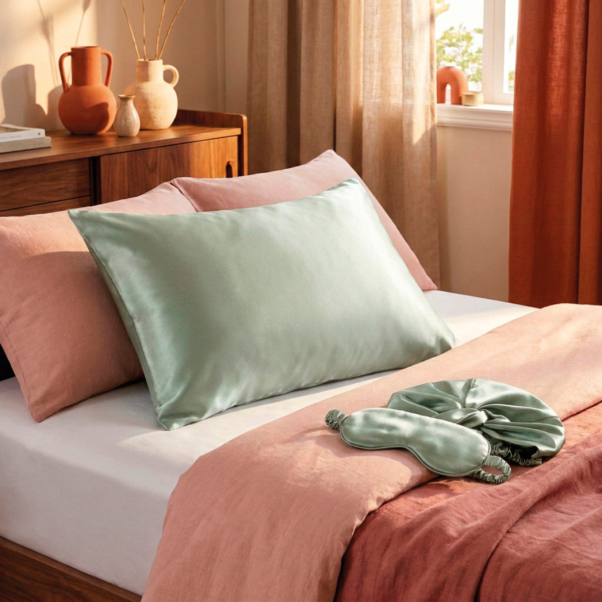 Pillowcase + eyemask + nightcap silk - Nuit de soie Sage green