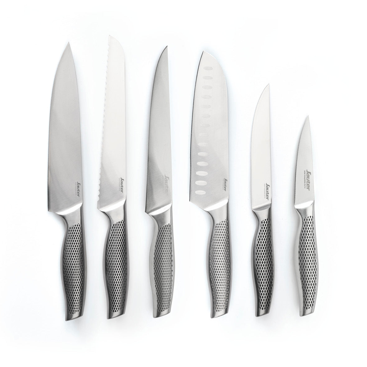 Set of 6 knives silver: chef's knife + bread knife + slicing knife + Santoku knife + utility knife + paring knife - Silver