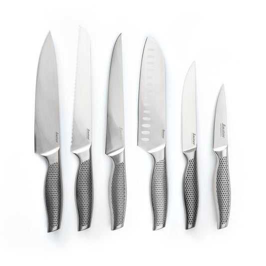 Set of 6 knives silver: chef's knife + bread knife + slicing knife + Santoku knife + utility knife + paring knife - Silver