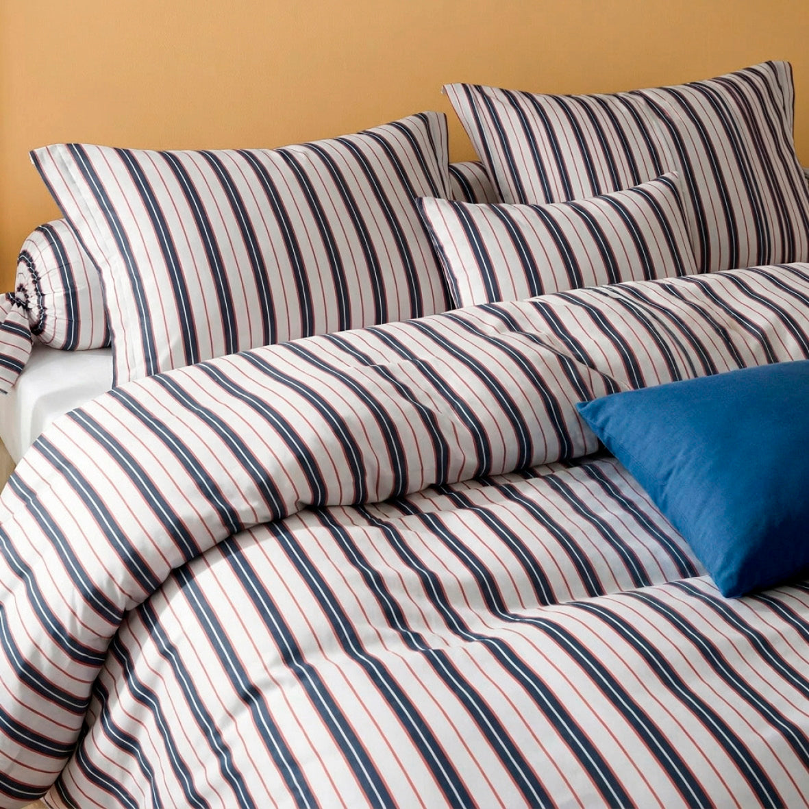 Duvet cover + pillowcase cotton satin - Rivage écarlate White / Blue