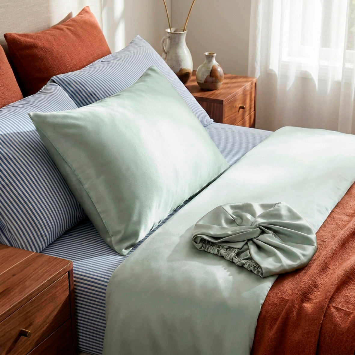 Pillowcase + nightcap silk - Nuit de soie Sage green