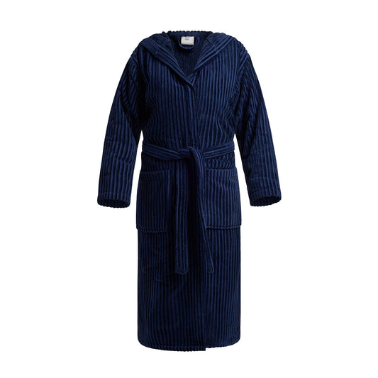 Hooded bathrobe cotton velvet - Rayures tissées Jacquard Dark blue