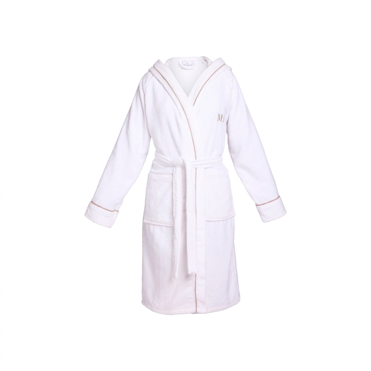 Hooded bathrobe cotton velvet - Jan Taupe / White