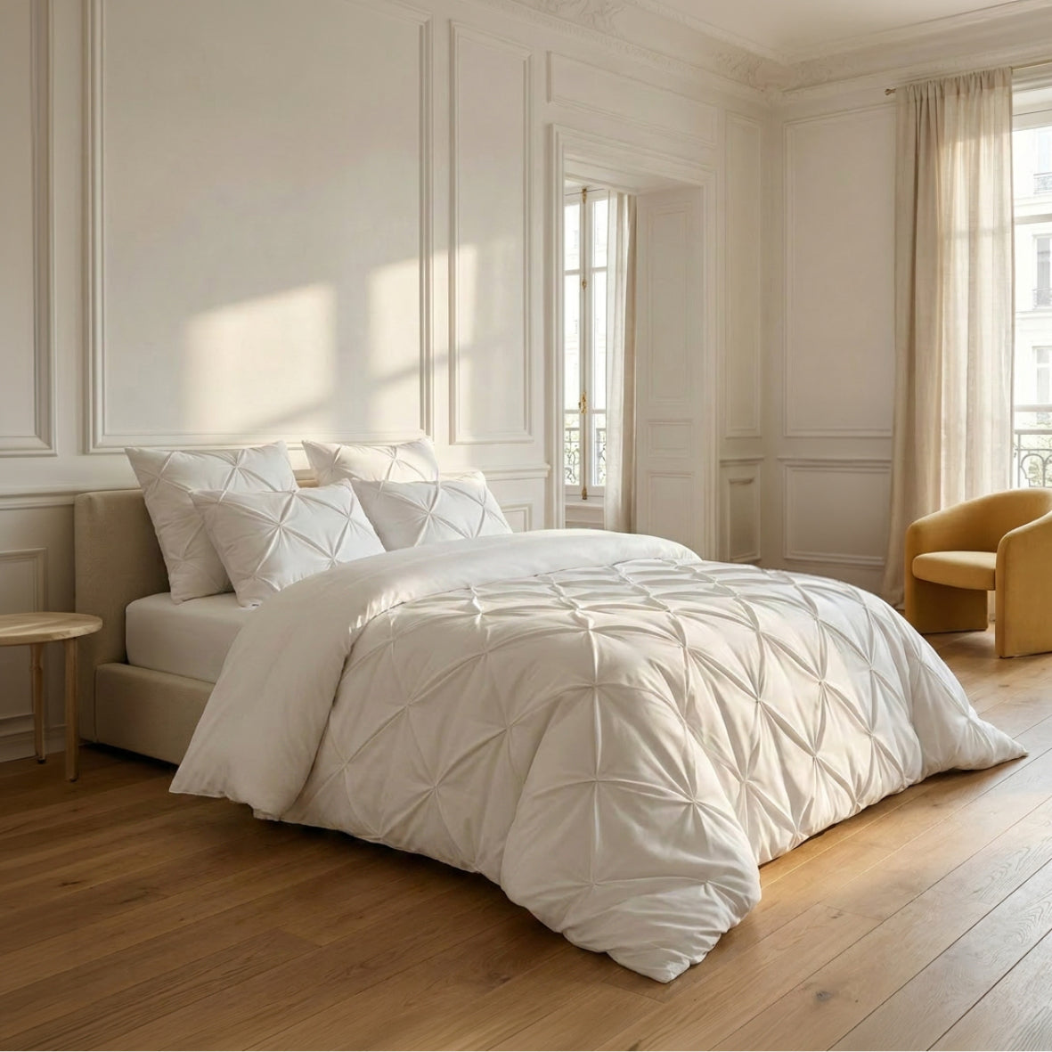 Duvet cover + pillowcase cotton satin pleated - Freesia White