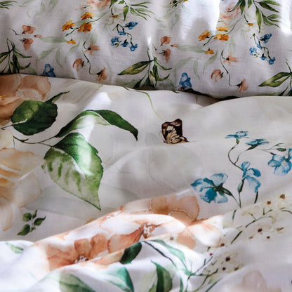 Flat sheet cotton satin - Jardin de fleurs White