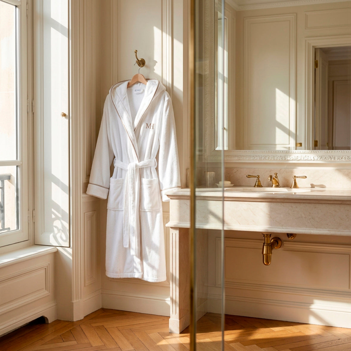 Hooded bathrobe cotton velvet - Jan Taupe / White