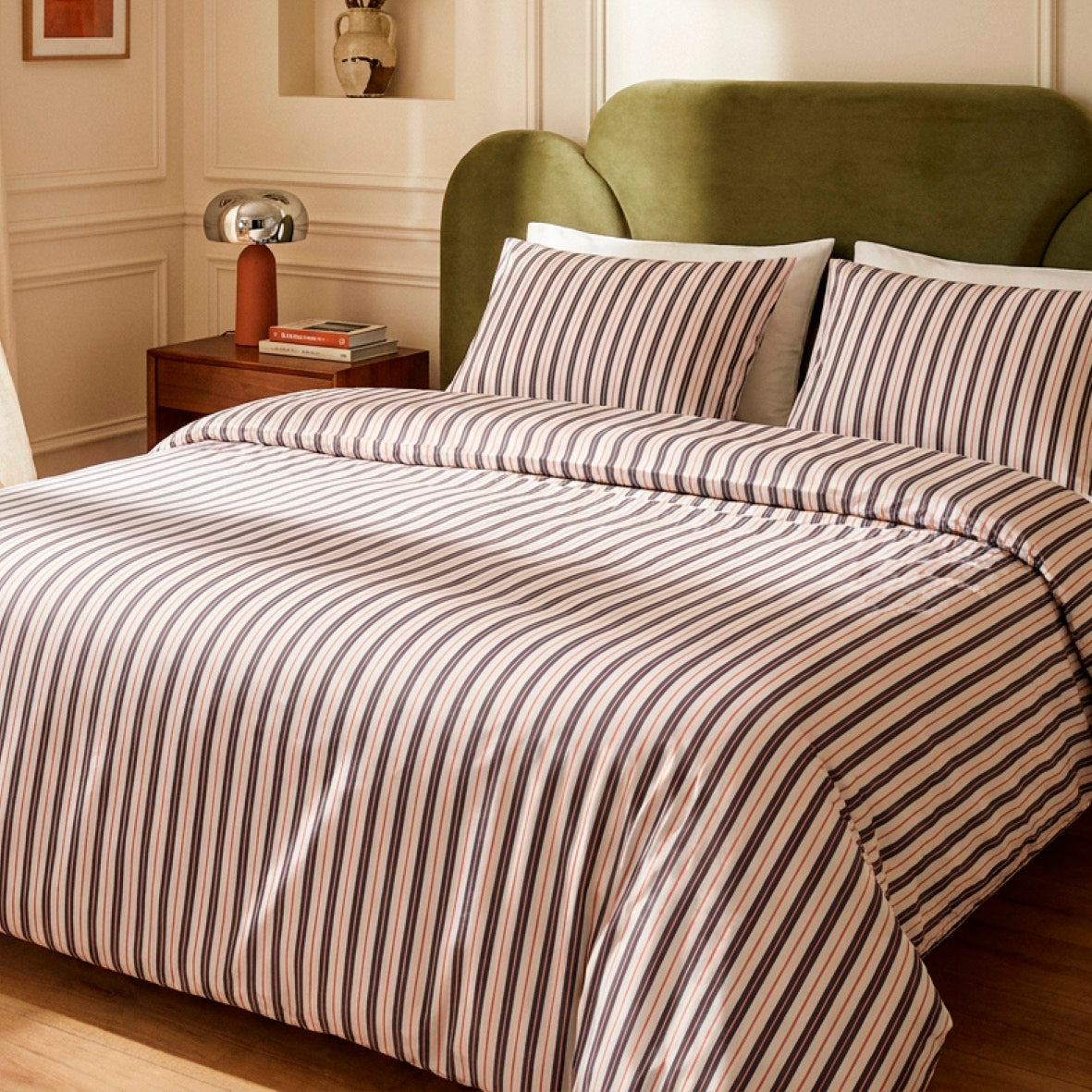 Duvet cover + pillowcase cotton satin - Marin carmin White / Blue