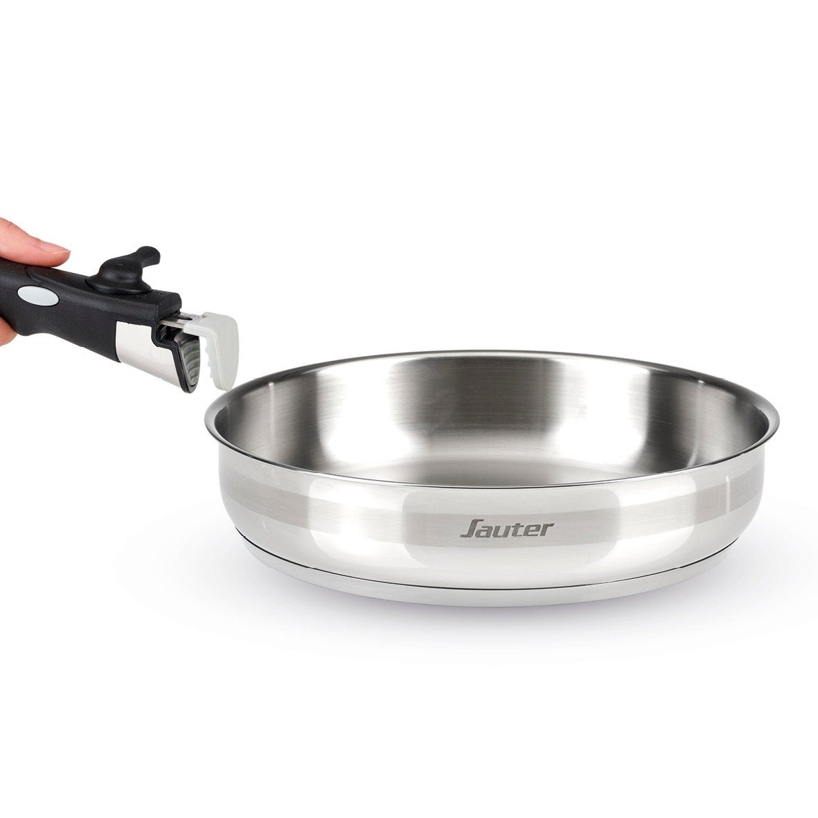 Set of 3 stainless steel frypans + removable handle + 3 pan protectors - Silver