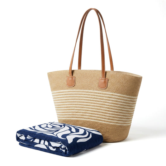 Set beach towel + beach bag - Florawave Dark blue / Khaki
