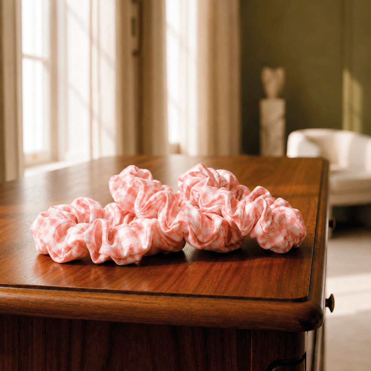 Set of 3 skinny scrunchies silk - Néora Pink gingham - D 6 cm
