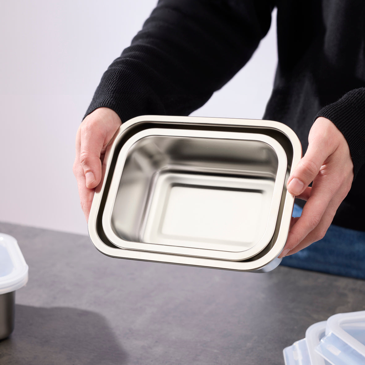 Set of 6 stainless steel containers with lid - silver