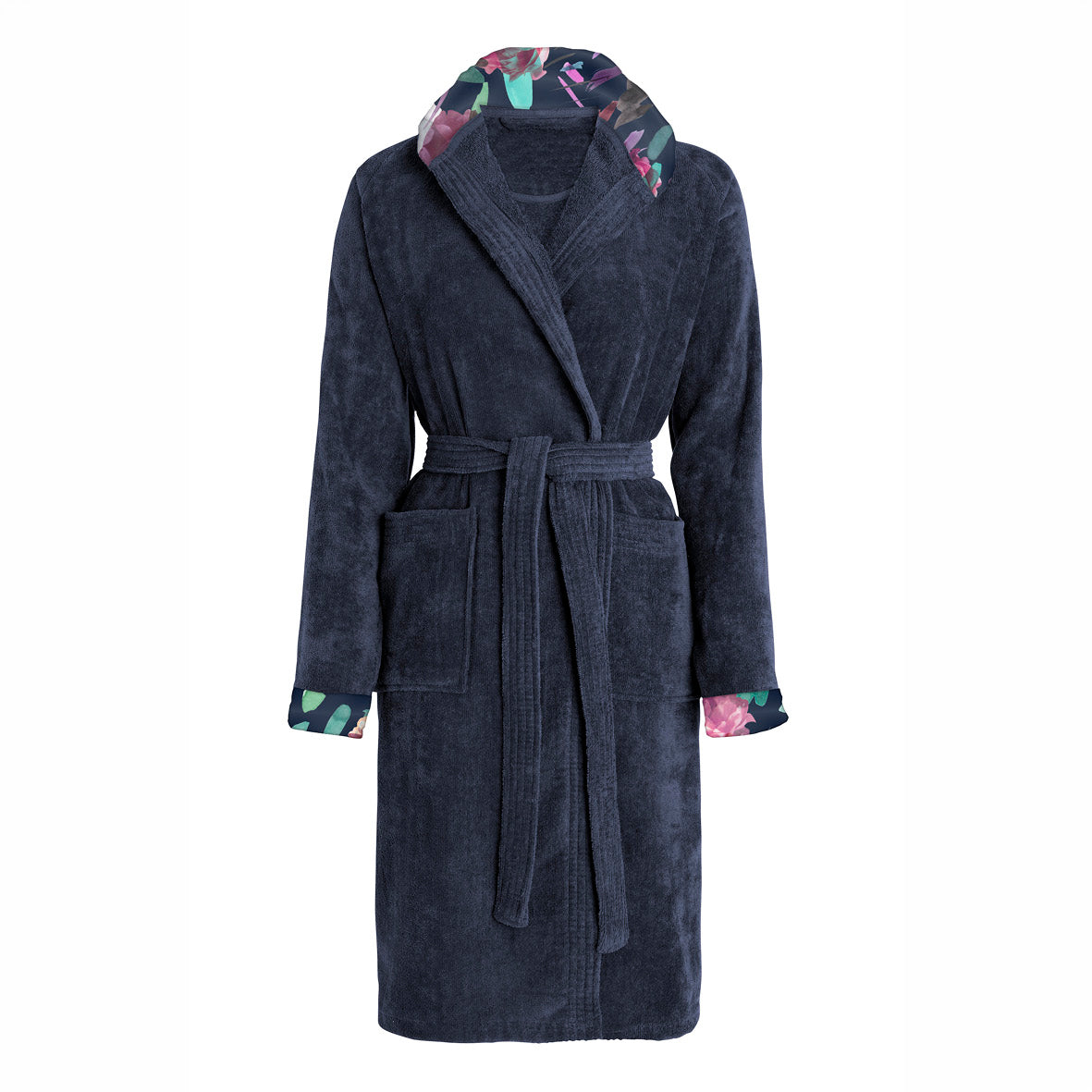 Cosy hooded bathrobe - 100% cotton velvet 320 gsm - Arty Flowers - navy blue
