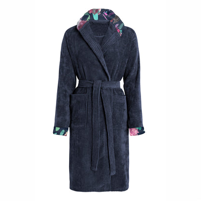 Cosy hooded bathrobe - 100% cotton velvet 320 gsm - Arty Flowers - navy blue
