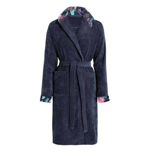 Cosy hooded bathrobe - 100% cotton velvet 320 gsm - Arty Flowers - navy blue