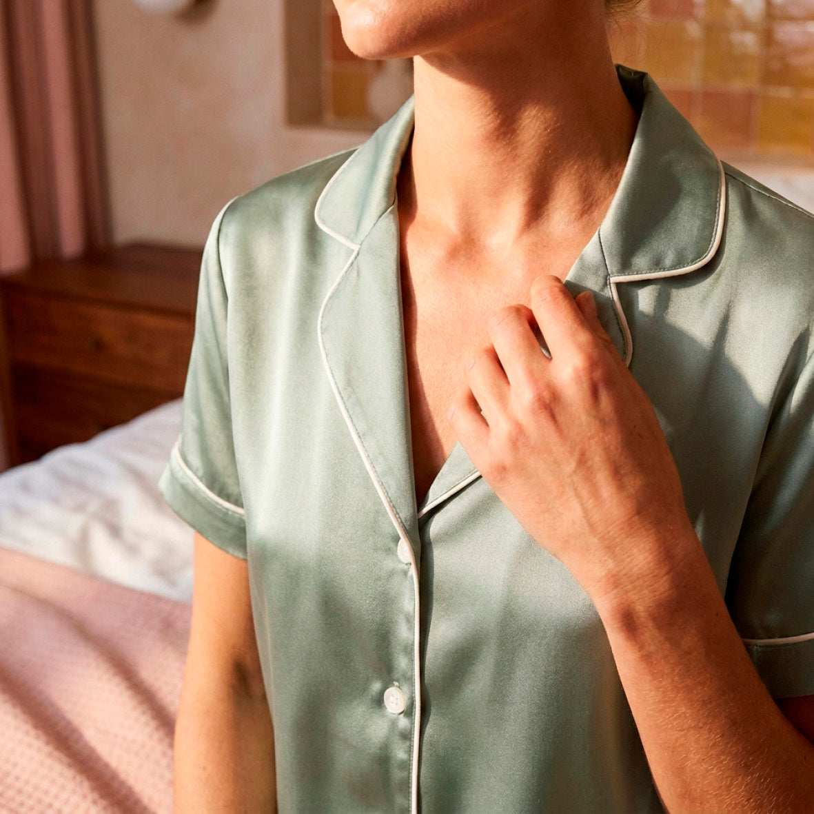Short pajamas set silk - Noctéa Sage green