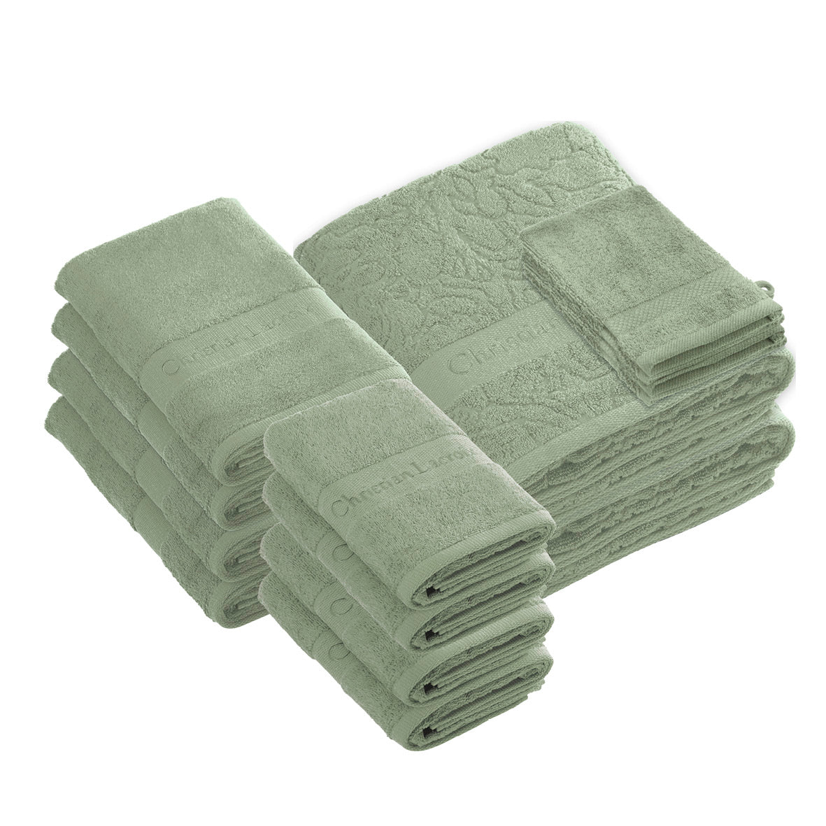 Complete bath linen set combed cotton - Azur - 14 pieces Almond green