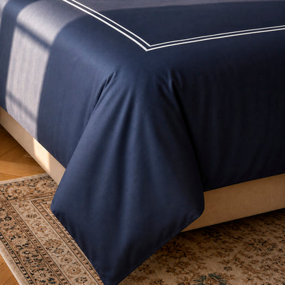 Duvet cover and pillowcase(s) set - 100% cotton sateen TC200 - Nîmes - white / dark blue