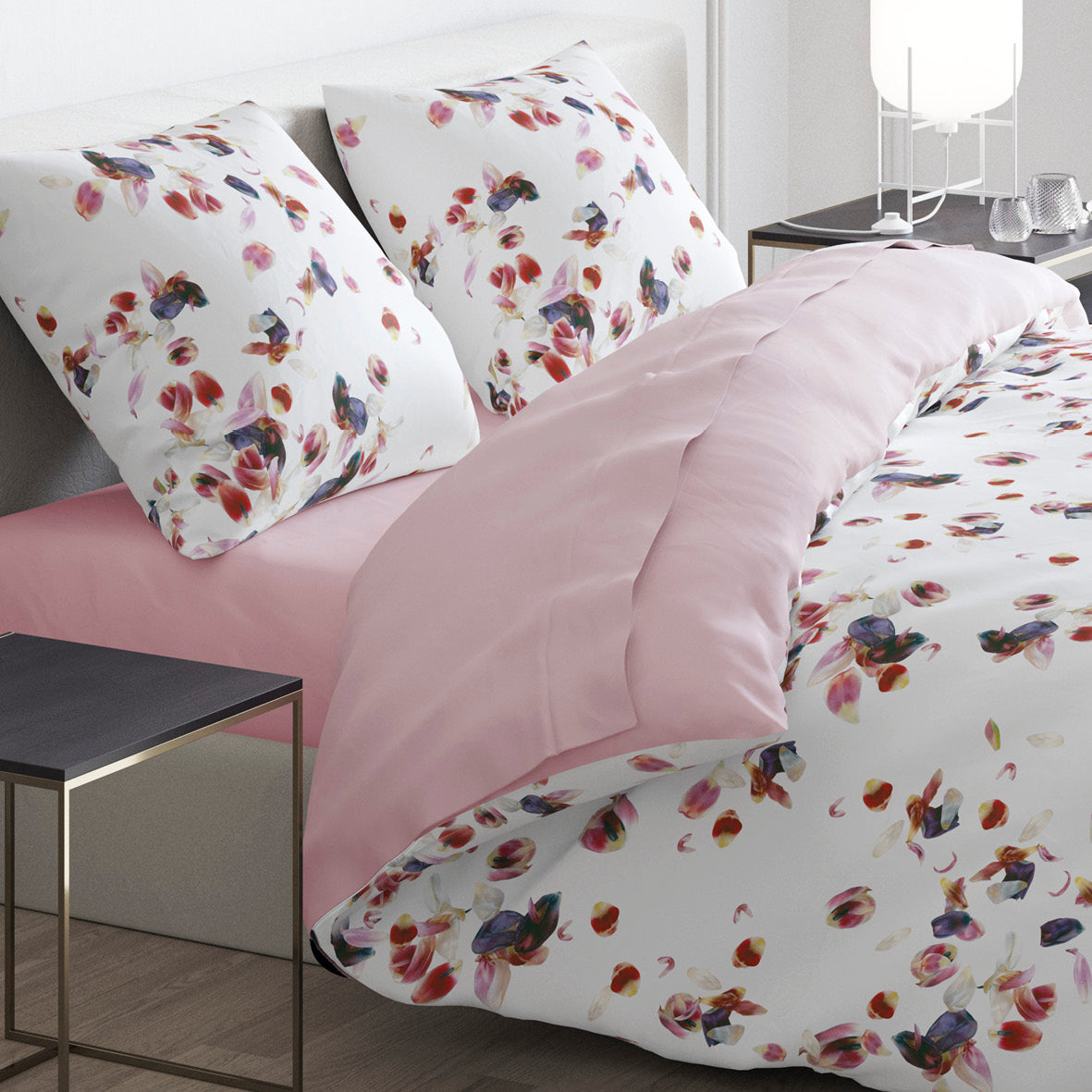 Duvet cover - 100% cotton sateen TC200 - Aurore - white / light pink