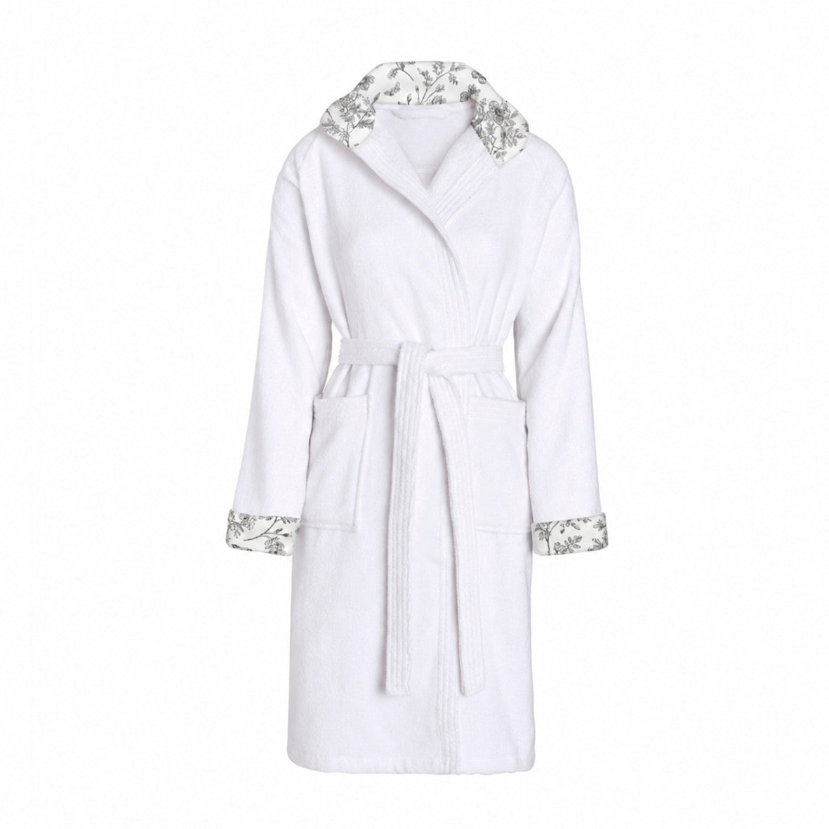 Cosy hooded bathrobe - 100% cotton velvet 320 gsm - Jardin de Papillons - white