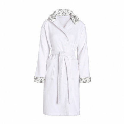 Cosy hooded bathrobe - 100% cotton velvet 320 gsm - Jardin de Papillons - white