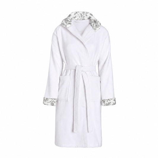 Cosy hooded bathrobe - 100% cotton velvet 320 gsm - Jardin de Papillons - white