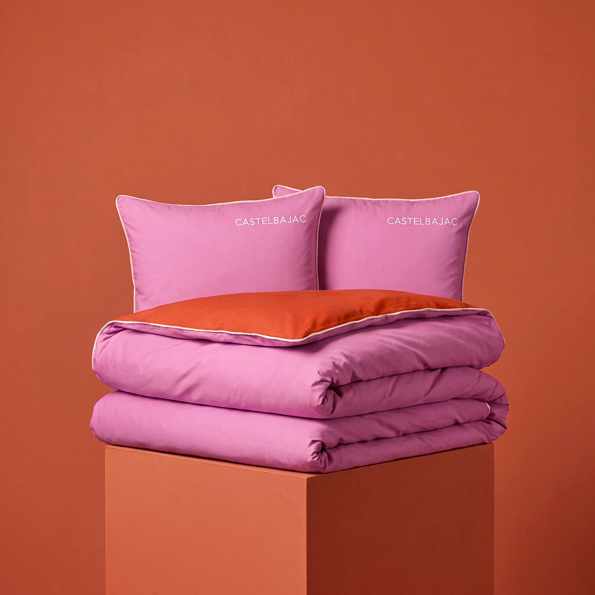Duvet cover and pillowcase(s) set - 100% cotton sateen TC200 - Uni piping - bubblegum / spicy pumpkin