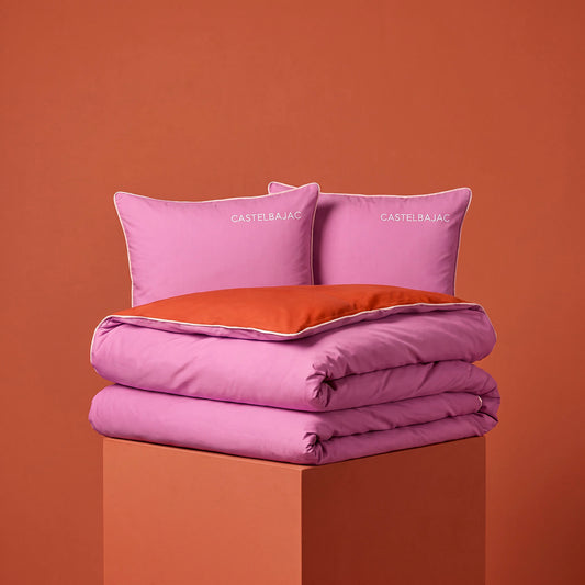 Duvet cover and pillowcase(s) set - 100% cotton sateen TC200 - Uni piping - bubblegum / spicy pumpkin
