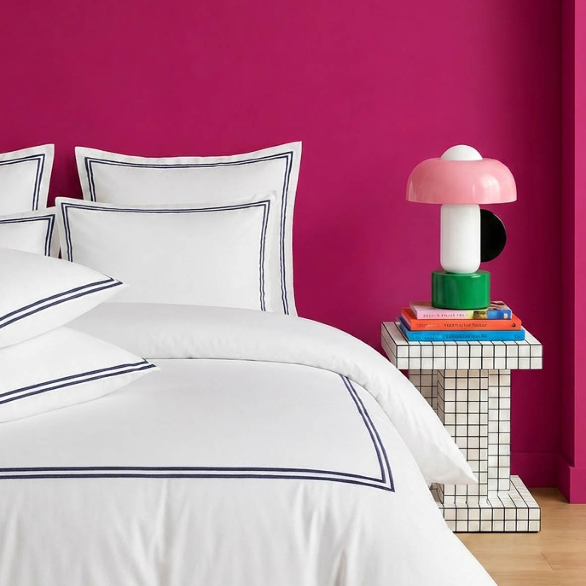 Flat sheet - 100% cotton sateen TC200 - Megève - dark blue / white