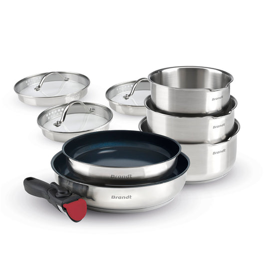 Set of 3 stainless steel sauce pans + 2 frypans with non stick coating + 1 removable handles + 3 pouring lids with stainless steel knob - Silver / Black / Red