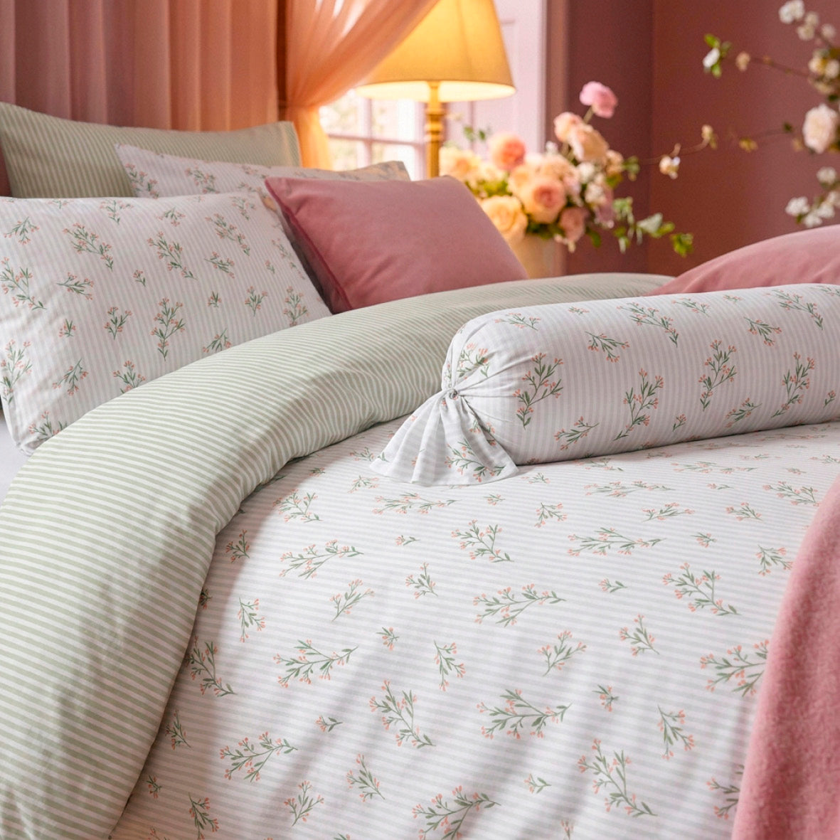 Bolster case - 100% cotton sateen TC200 - Brise florale - white