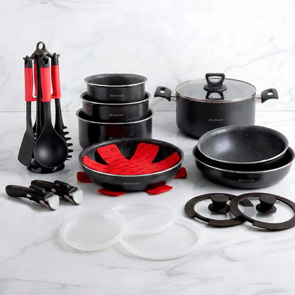 Set of 3 frypans + 3 sauce pans + 3 lids + 3 PP lids + high casserole with lid + 2 removable handles + 3 pan protectors + set of 6 nylon utensils - black